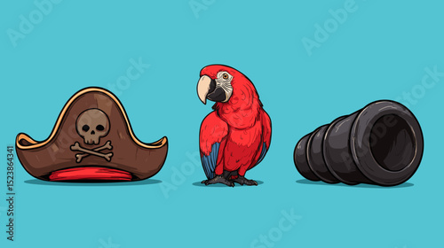 Colorful pirate hat, parrot, and cannon displayed on a bright blue background in a playful design environment