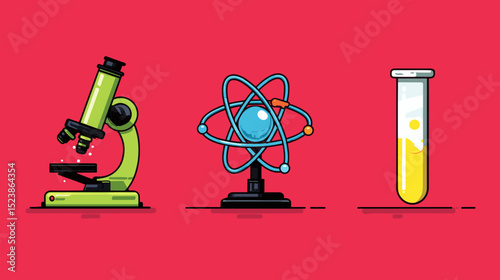 Microscope, atom model, and test tube positioned against a vibrant red background in a science-themed design
