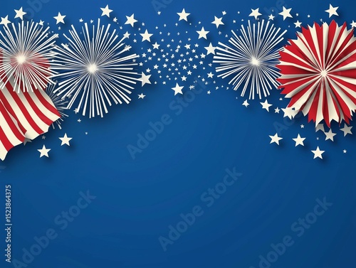 A vibrant patriotic background featuring stylized fireworks in red, white, and blue, surrounded by scattered stars
