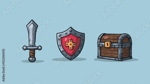 Colorful fantasy sword, shield, and treasure chest designed for a cartoon adventure game