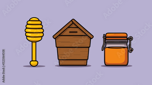 Honey dipper, wooden hive, and jar of honey displayed on purple background showing essential beekeeping elements in bright colors