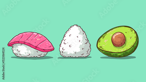 Sushi variety displayed in a colorful, minimalistic style against a bright background