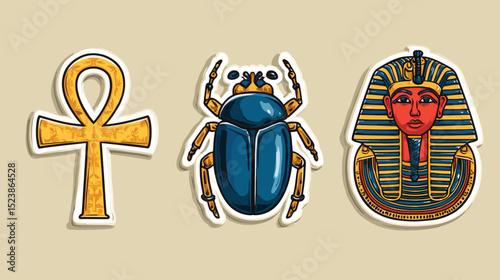 Ancient Egyptian symbols including ankh, scarab beetle, and pharaoh mask on a light background showcasing cultural artistry