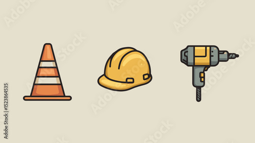 Construction tools and safety equipment include cones, hard hats, and drills for site safety and efficiency