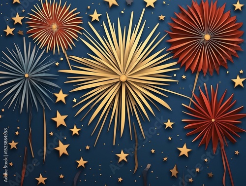 A festive display of stylized fireworks and stars against a dark blue background