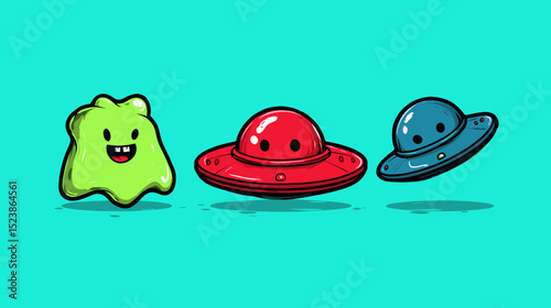 Colorful cartoon characters of a green blob and two flying saucers on a bright turquoise background engaging in playful activity