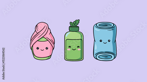 Cute cartoon characters of bath products and a towel on a pastel background create a cheerful and playful atmosphere