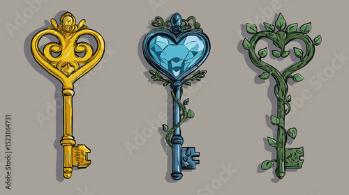 Decorative keys designed with heart shapes and intricate details showcase vibrant colors and thematic elements inspired by nature