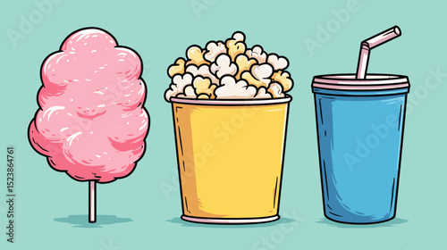 Colorful cotton candy, popcorn, and drink pair perfectly for a fun fair snack experience