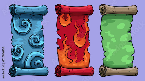Decorative scrolls with unique designs in blue, red, and green colors displayed on a purple background