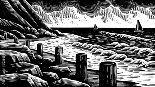 black and white sketch vector of a windswept coastline with broken piers and distant ships