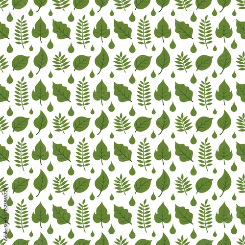 Seamless pattern of various green leaves and raindrops on transparent background, concept for nature, botanical, floral design, textile print, wallpaper, packaging