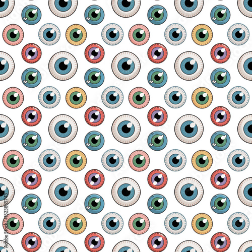 Colorful cartoon eyes seamless pattern on transparent background, concept for textile print, wallpaper, wrapping paper, and Halloween design