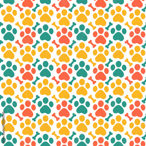 Seamless pattern of colorful paw prints and bones on transparent background, concept for pet shop branding, textile design, and pet-themed projects
