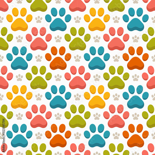 Colorful paw prints seamless pattern, concept for pet shop branding, textile design, and digital paper