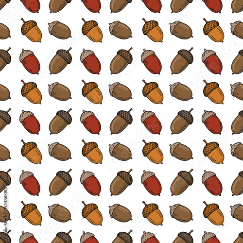 A seamless pattern of acorns in various autumnal colors against a transparent background, concept for textile design, wallpaper, and fall-themed projects