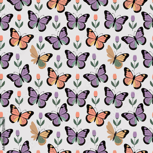 Colorful butterflies and tulips seamless pattern, concept for textile, fashion, wallpaper, and spring design