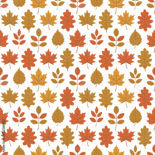 Seamless pattern of autumn leaves, maple, oak leaves and branches on white background, concept for fall design, textile, wallpaper, and seasonal greeting cards
