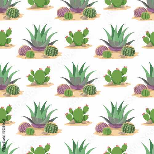 Seamless pattern of various desert plants, including cacti, succulents and agave; concept for textile print, wallpaper, garden design, and botanical illustrations