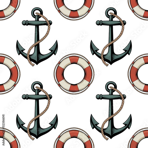 Seamless pattern of nautical anchors and life preservers on transparent background, concept for marine, nautical, and travel design