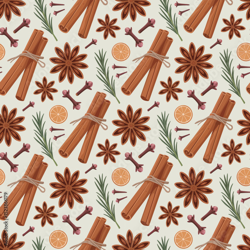 Cinnamon sticks, star anise, cloves, orange slices, and rosemary sprigs on a beige background, concept for winter spice blend, culinary design, and food packaging