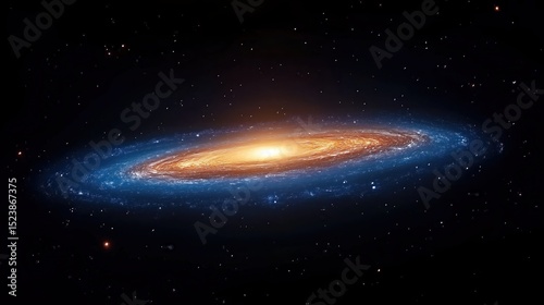 This stunning highdefinition photograph captures the Milky Way galaxy in its spiral form, with stars glowing around it against a dark background, highlighted by blue and orange tones and a wideangle l photo