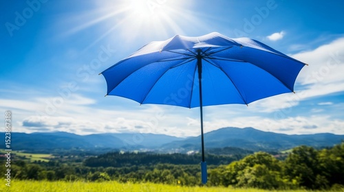 The idea of a storm and heavy rain is juxtaposed with a vintage umbrella that reveals a blue sky and a shining sun