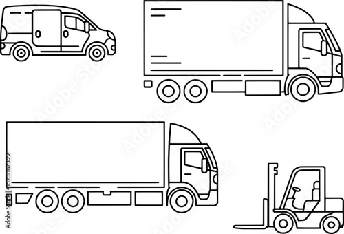 Delivery vehicles line art illustration set van truck forklift