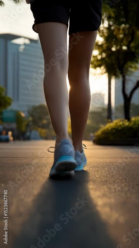 Woman in sportswear walking on asphalt during golden hour, focusing on legs and shoes, with building visible in the background.