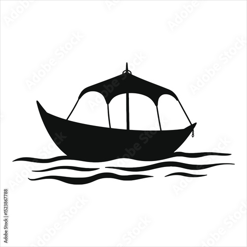 Black silhouette of a traditional boat with canopy floating on wavy water vector illustration