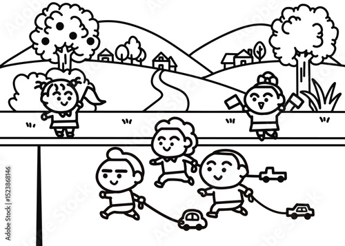 Children are playing with toy cars in the park 