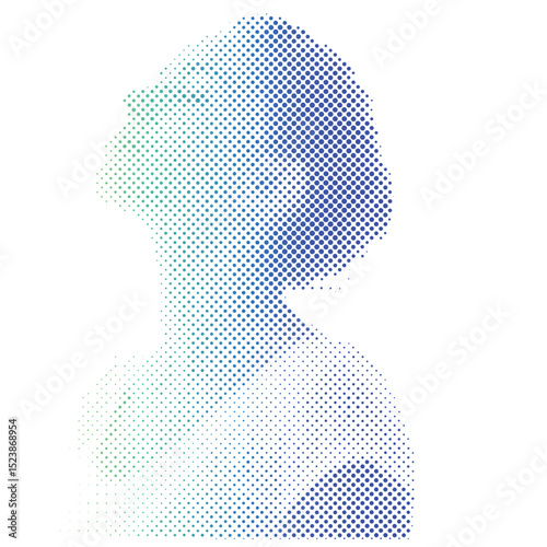 Halftone gradient dots pattern of a woman breathing relaxing with eyes closed enjoying peace