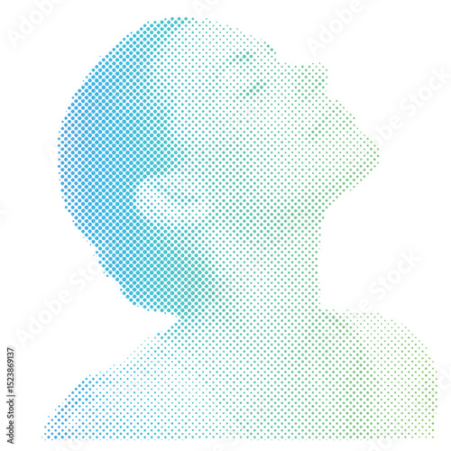 Halftone gradient dots pattern of a woman breathing relaxing with eyes closed enjoying peace