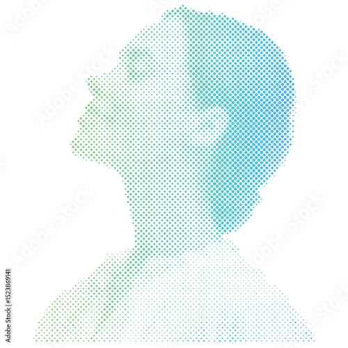 Halftone gradient dots pattern of a woman breathing relaxing with eyes closed enjoying peace
