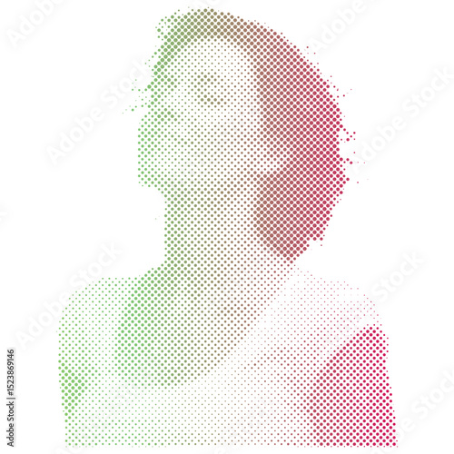 Halftone gradient dots pattern of a woman breathing relaxing with eyes closed enjoying peace