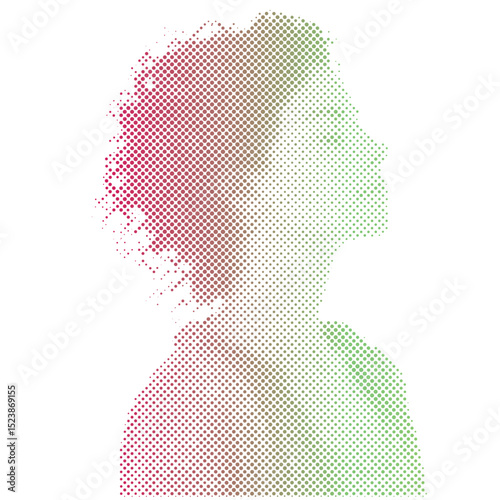 Halftone gradient dots pattern of a woman breathing relaxing with eyes closed enjoying peace