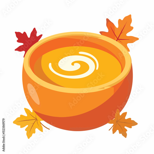 Vibrant pumpkin soup bowl with autumn leaves, fall illustration
