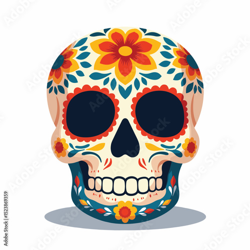 Vibrant calavera figurine displaying floral designs, cultural symbolism