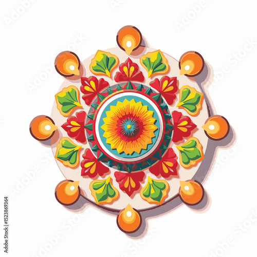 Intricate Rangoli design with tealight candles, symbolizing tradition