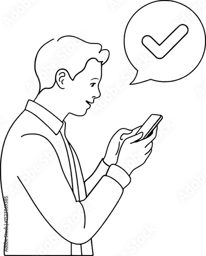 Young man using smartphone successful mobile app checkmark