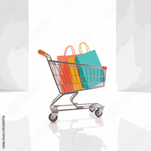 Modern shopping cart with colorful bags in a bright space, commercial appeal
