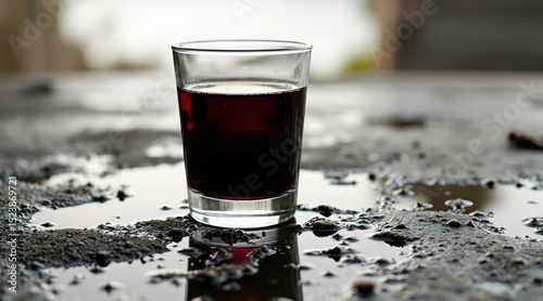 A glass of dark beverage on a wet surface.