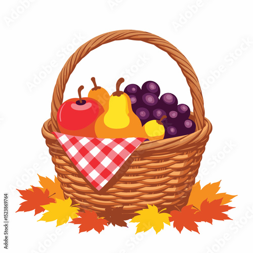 Wicker picnic basket filled with autumn fruits on leaves, seasonal harvest
