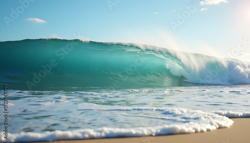 Kraftvolle Meereswelle am sonnigen Strand
 photo