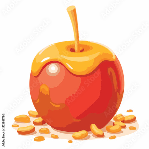 Glossy caramel apple with chopped nuts on white background, sweet treat