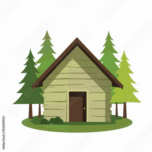 Quaint forest cabin surrounded by geometric trees, nature's simplicity