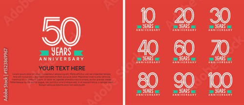 logo anniversary set. white color with green ribbon on orange background for special event