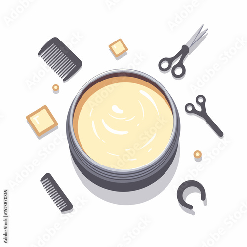 Classic tin of mustache wax with grooming tools on white background, grooming essentials
