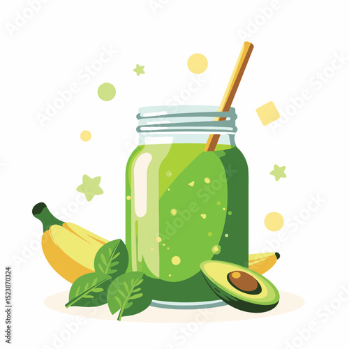 Stylized green smoothie with ingredients, health and freshness