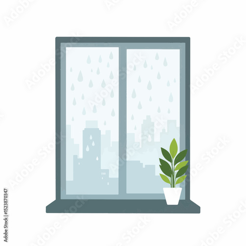 Modern glass window with raindrops overlooking cityscape, tranquility
